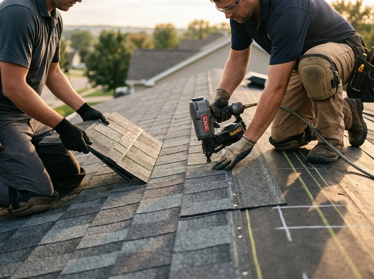 Professional roofer working on a residential roof in Delphos